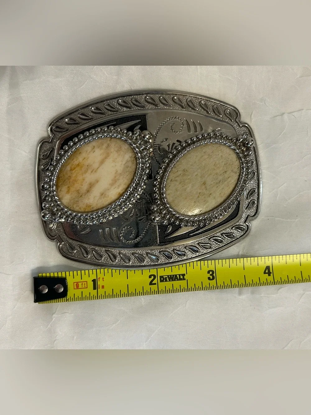 Silver Engraved Belt Buckle With Two Cream Oval Stone Insets